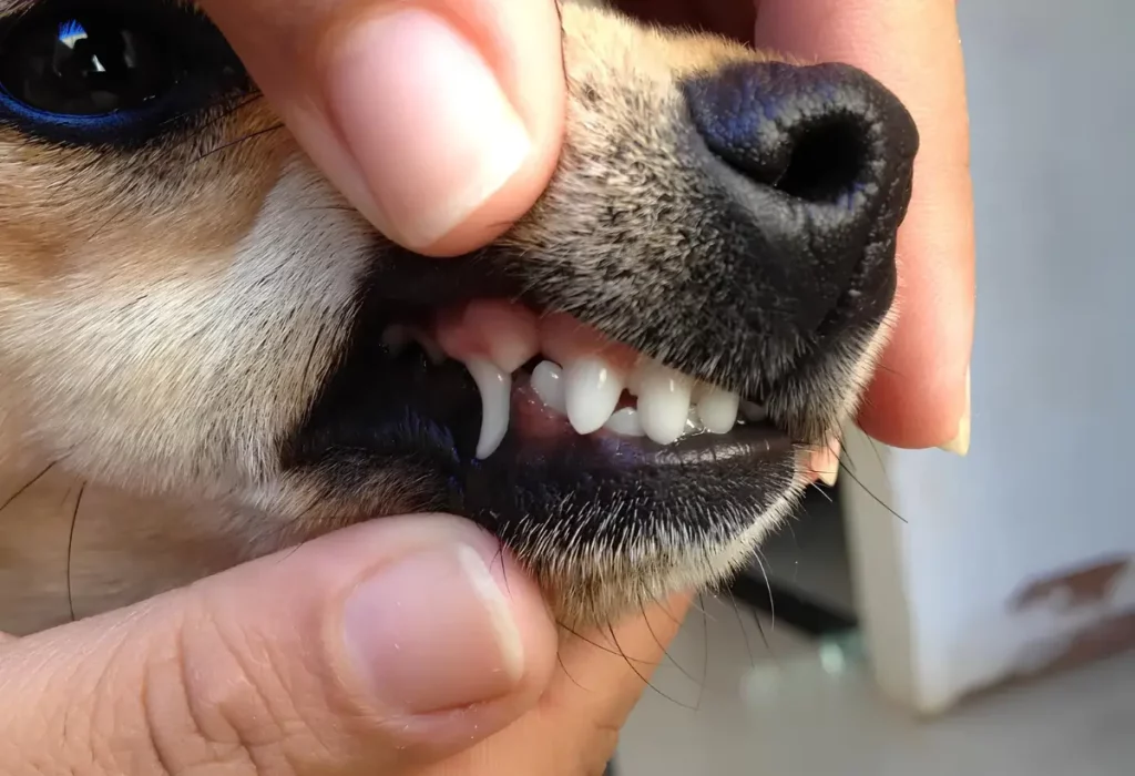 Dentes de um cachorro da raça Pinscher.