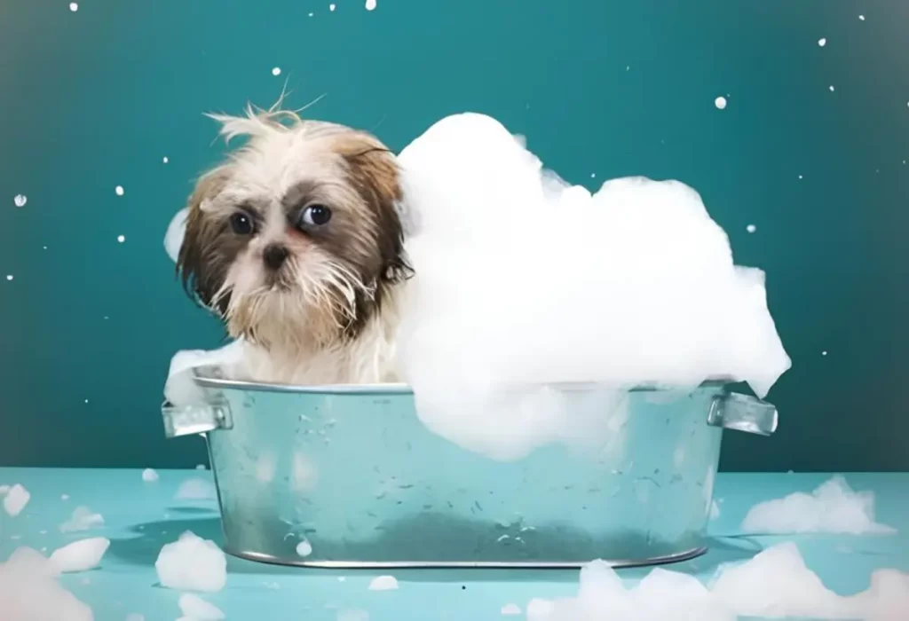 Um cachorro da raça Shih Tzu tomando banho em uma banheira.