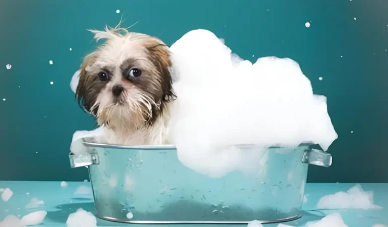 Um cachorro da raça Shih Tzu em uma banheira tomando banho.