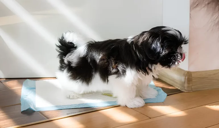 Um cachorro da raça Shih Tzu fazendo xixi em um tapete higiênico.