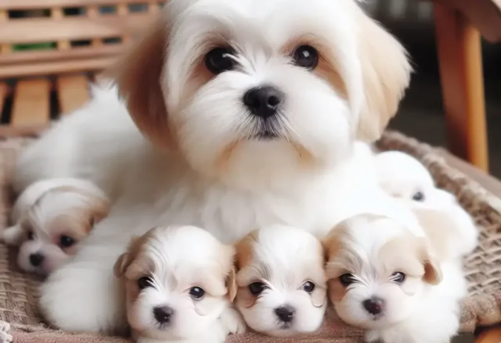 Um cachorro da raça Lhasa Apso com seus filhotes.