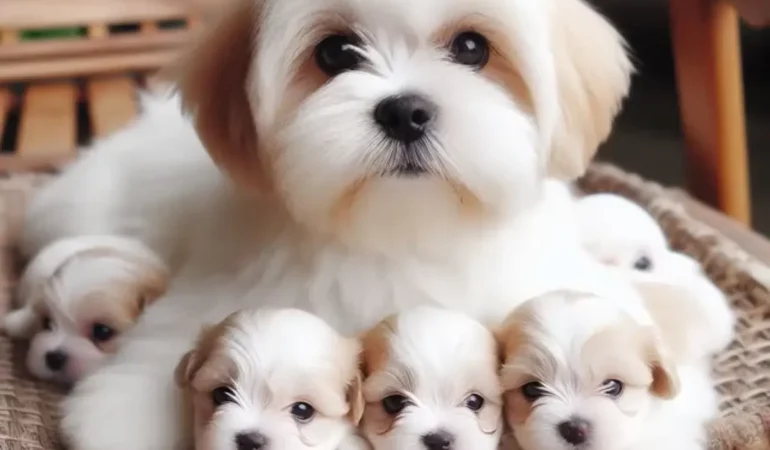 Um cachorro da raça lhasa apso e seus filhotes.