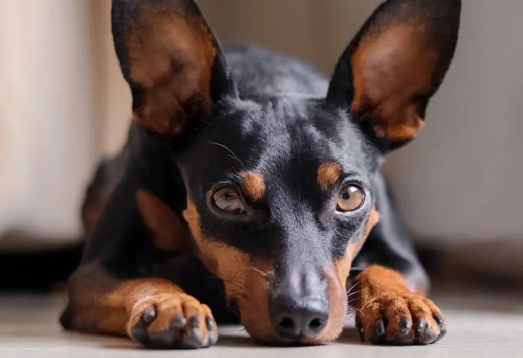 Um cachorro da raça pinscher tamanho 3.