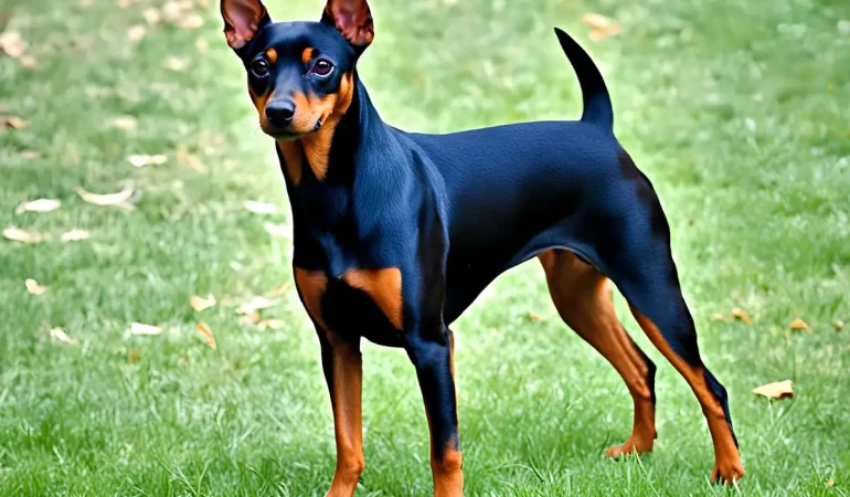 Um cachorro da raça pinscher tamanho 2 em um gramado.