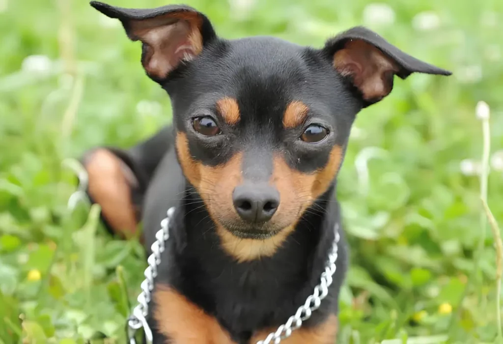 Um cachorro da raça pinscher deitado em um gramado.