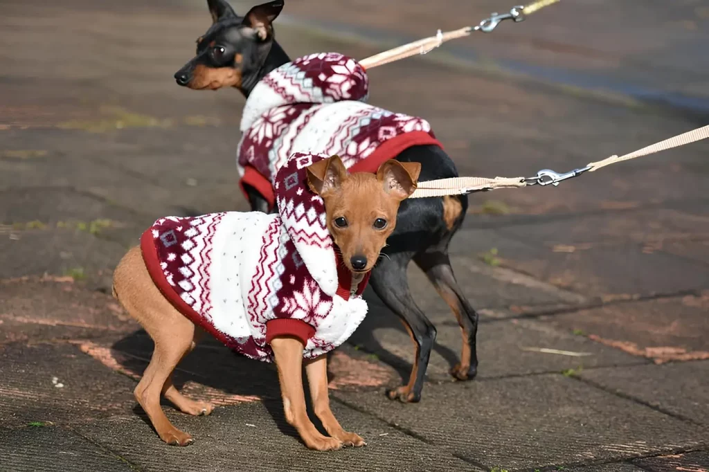 Dois cachorros da raça pinscher alemão passeando.