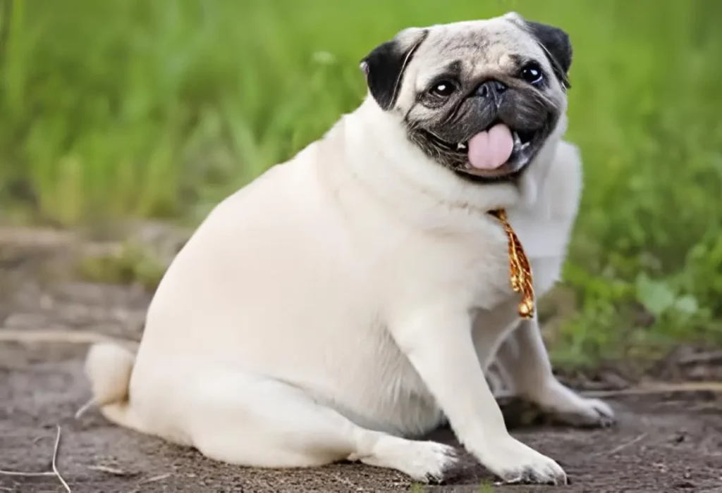 Um cachorro da raça Pug obeso.