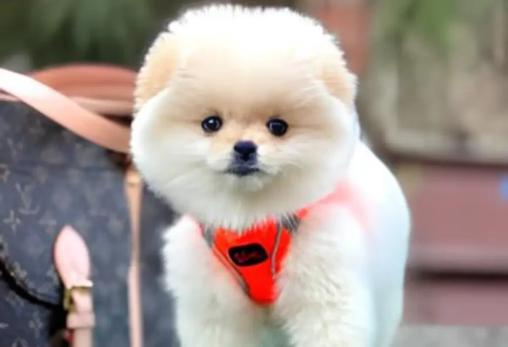 um Lulu da pomerânia com uma guia.