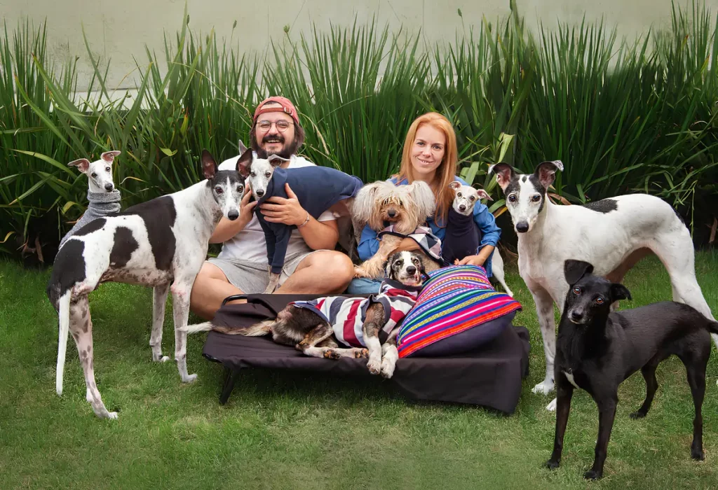 Uma família com vários cachorros adotados.