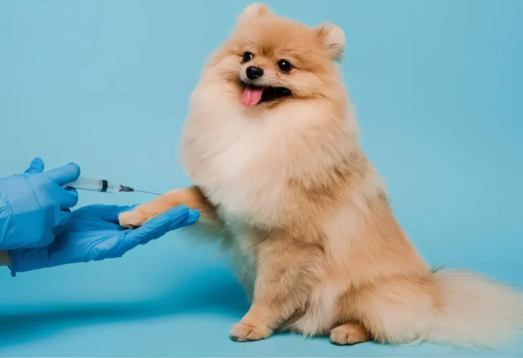 Lulu da Pomerânia recebendo uma injeção de medicamento.