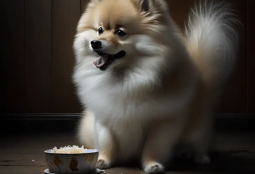 Lulu da Pomerânia comendo comida de humano.