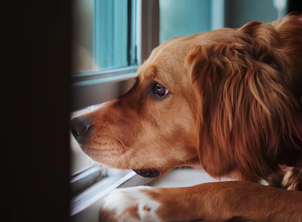 um cachorro com medo de ruídos acontecendo em uma esta.