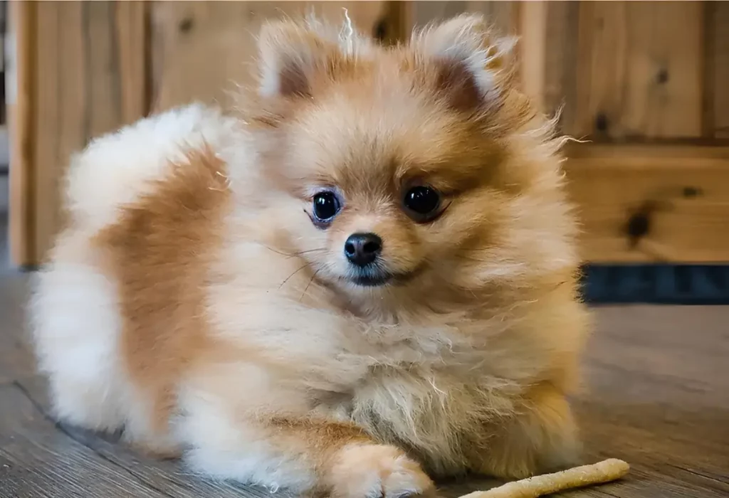 Um cachorro lulu da pomerânia com pelagem escovada.