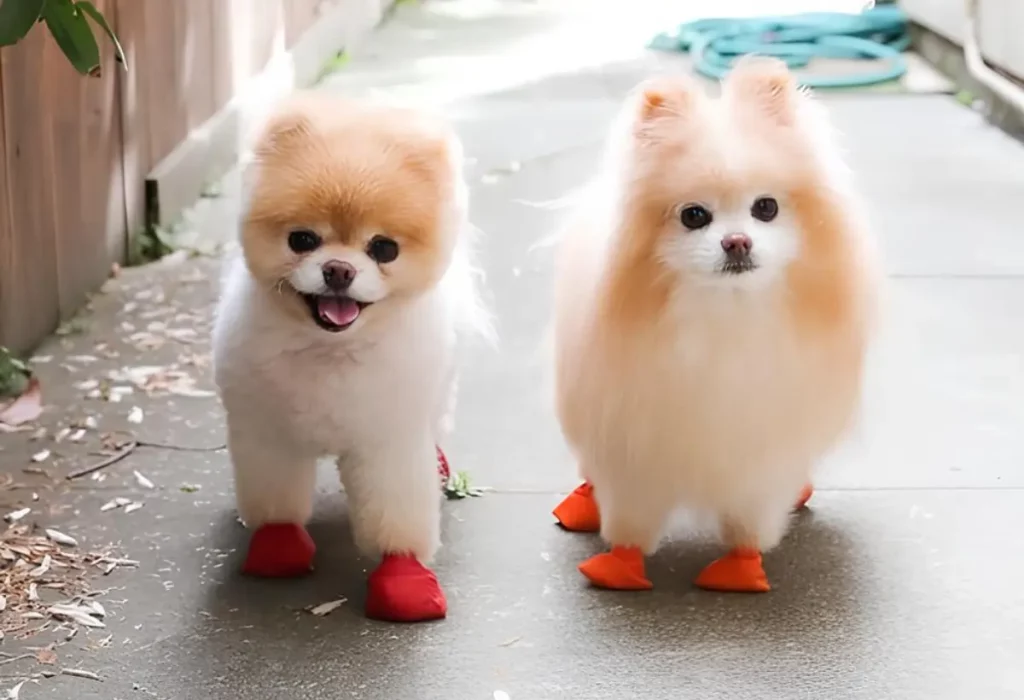 dois cães da raça lulu da pomerânia com sapatinhos pet da moda 