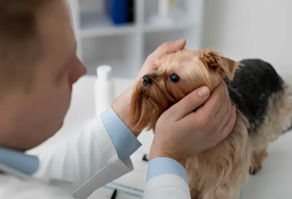 Um cachorro em uma consulta com oftalmologista veterinário .