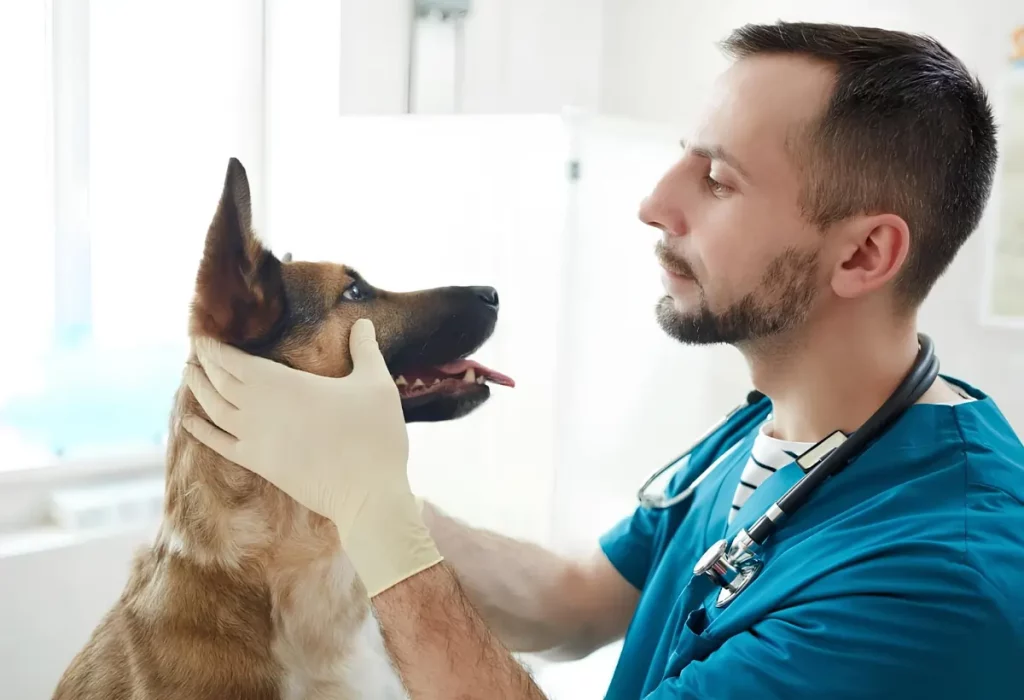 Um cachorro em um veterinário consultando sua saúde ocular.