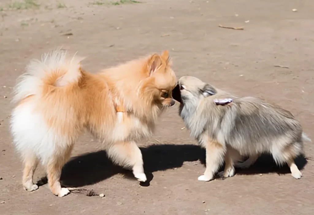 Um cachorro lulu da pomerânia se socializando com outro cão.