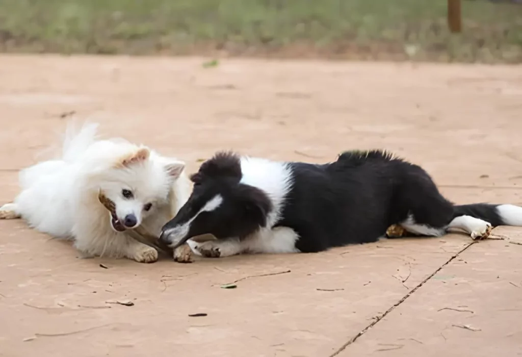 Um cachorro lulu da pomerânia brincando