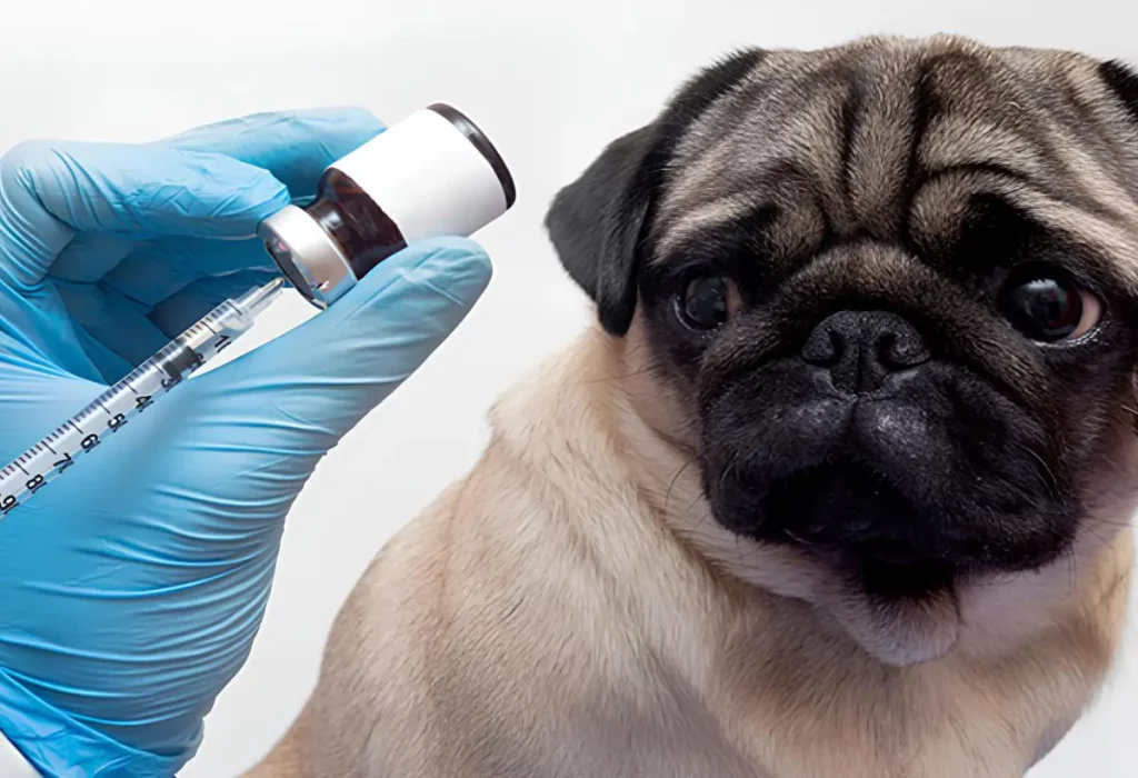 Cachorro que esta tomando vacina para prevenção de doenças.