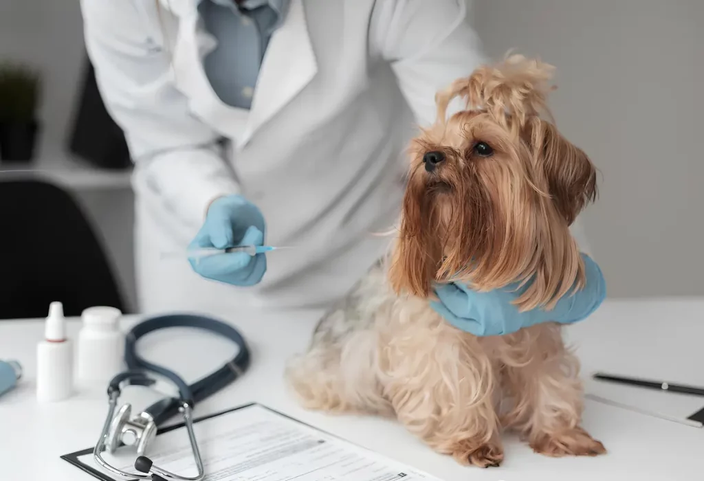Um cachorro tomando vacina em um consultório veterninário.