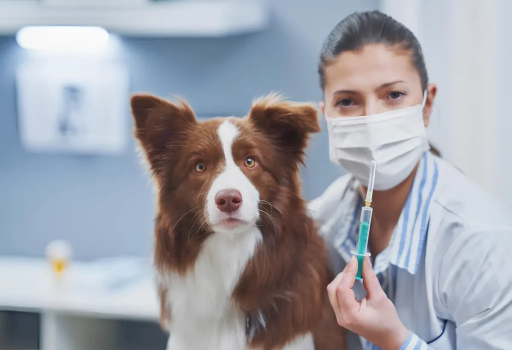 Um cachorro que tomou vacina no veterinário.
