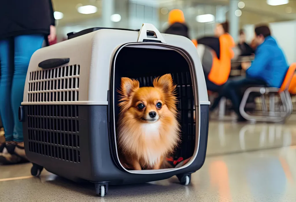um lulu da pomerânia em uma caixa de transporte