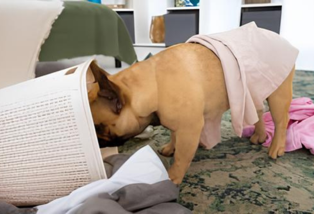 cachorro revirando o cesto de roupas sujas.