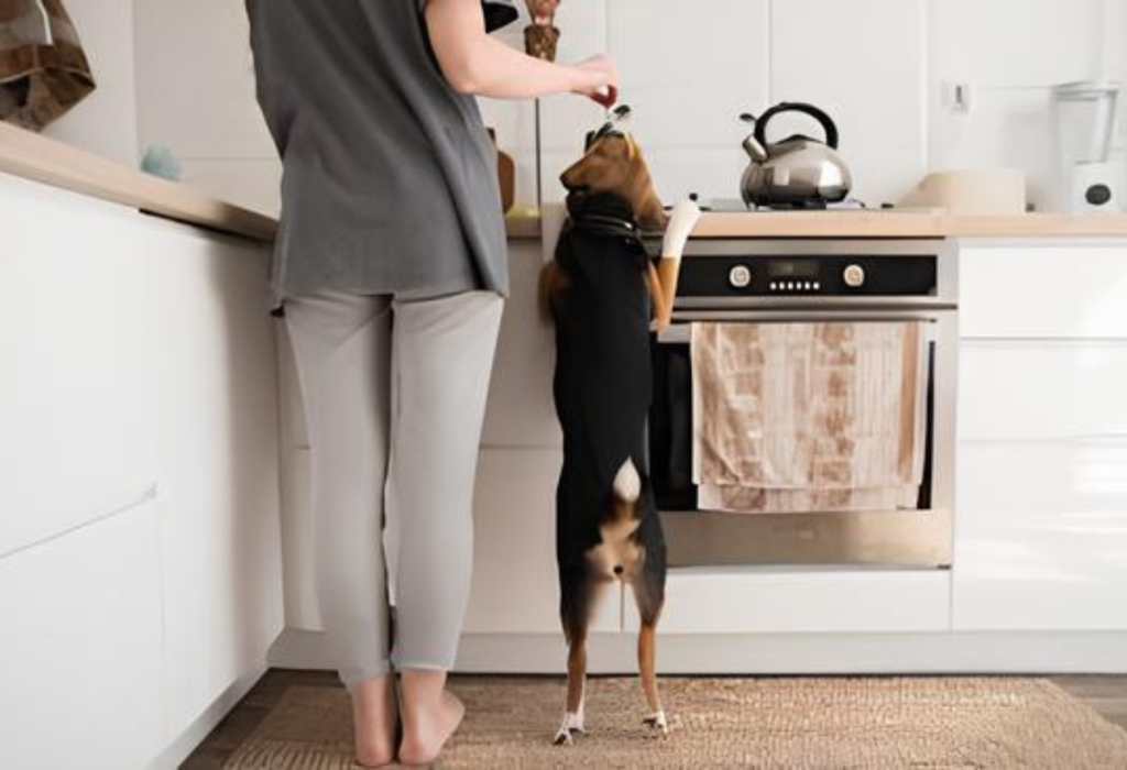 um cachorro na cozinha com sua tutora