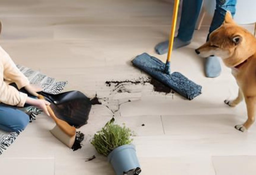 Um cachorro que derrubou um vaso de planta no chão.