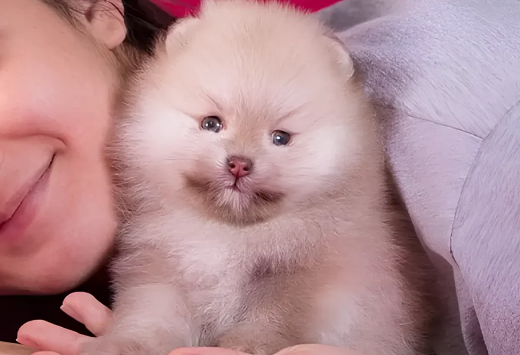 Um filhote de lulu da pomerânia com sua tutora.