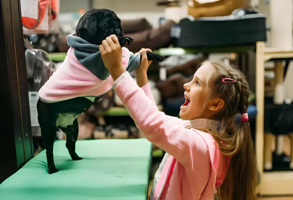 um cachorro com roupa pet brincando com sua tutora.