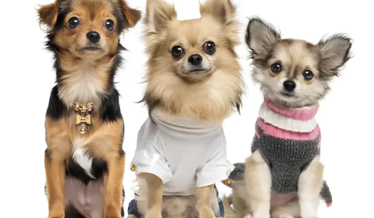 tres cachorros com roupas pets