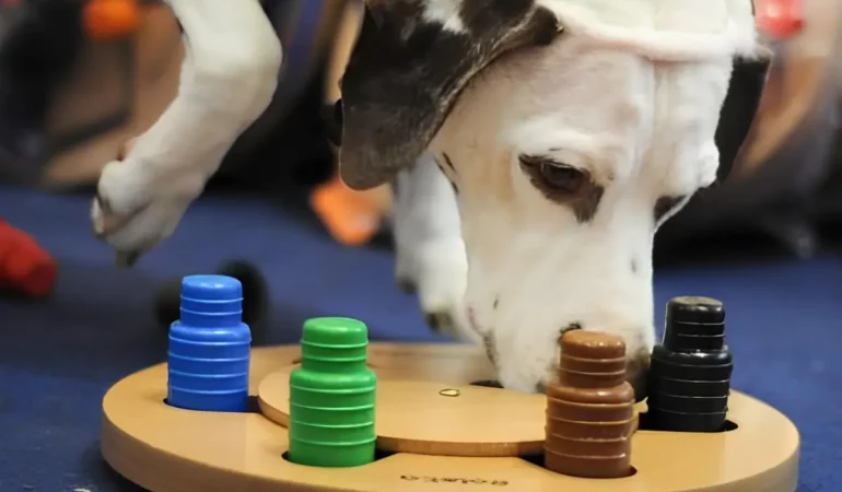 um cachorro fazendo treinamento cognitivo.