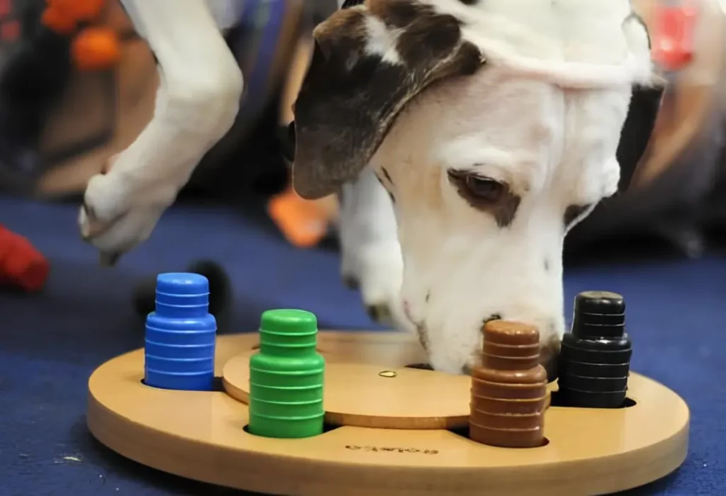 Um cachorro fazendo Enriquecimento Cognitivo