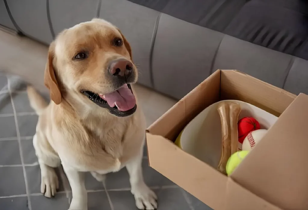 comportamento de um cachorro com sua caixa de brinquedos pets.