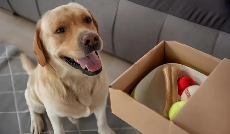 um cachorro com sua caixa de brinquedo