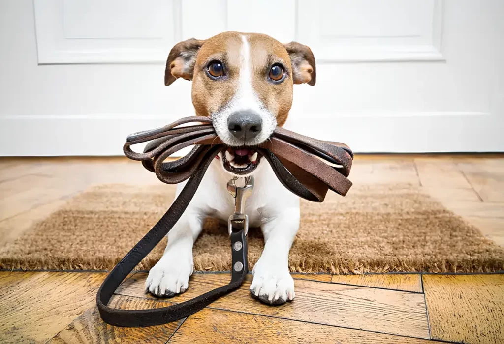 um cachorro com sua coleira na boca pronto para passear.