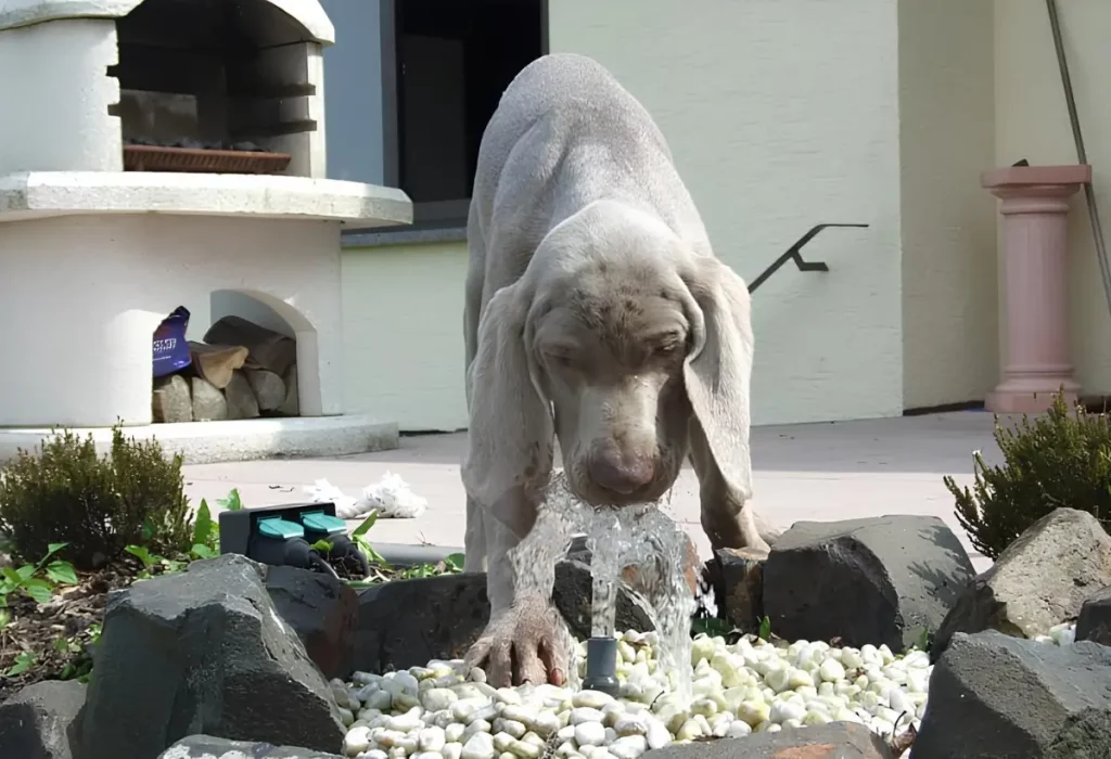 um cachorro se hidratando em uma fonte de água.