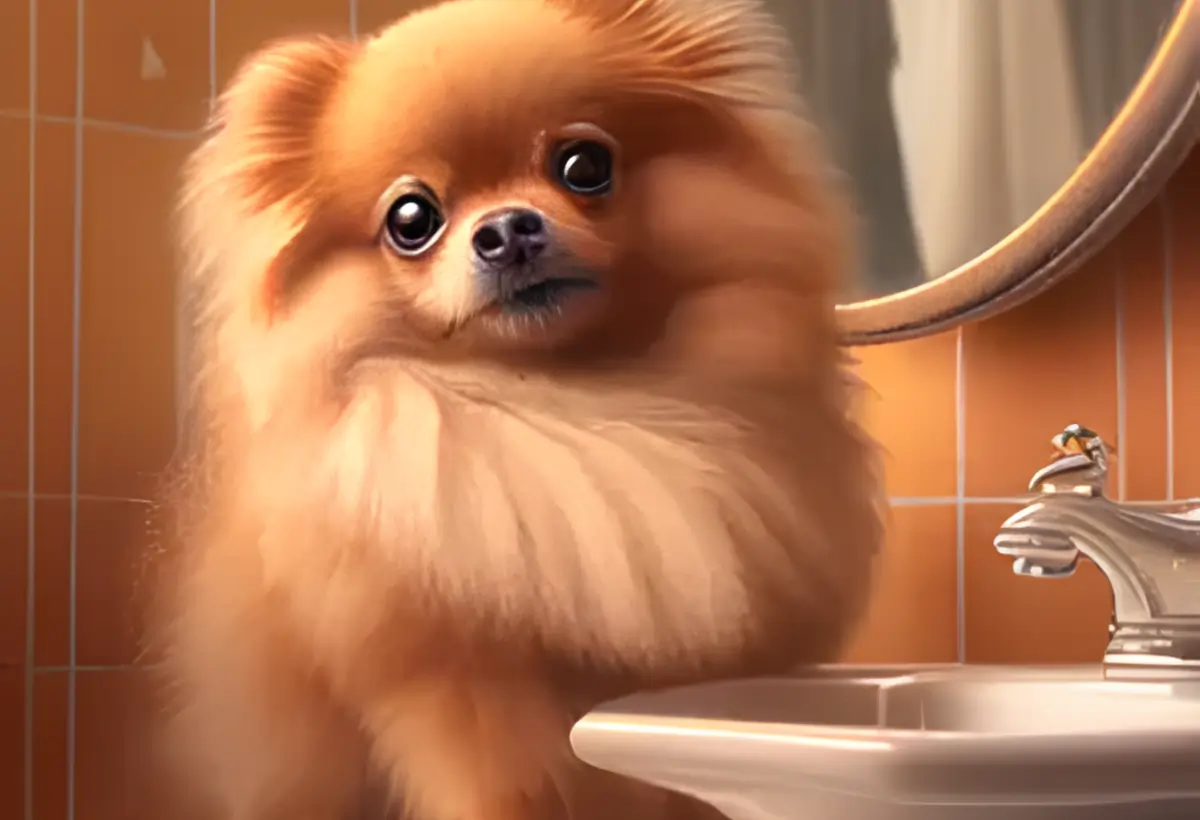 um lulu da pomerânia fazendo higiene oral.