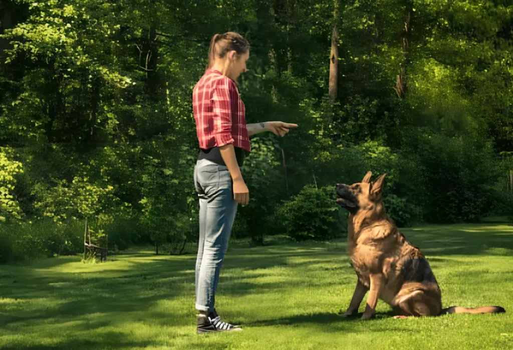 um cachorro em um parque com sua tutora que é faz sua lideraça.