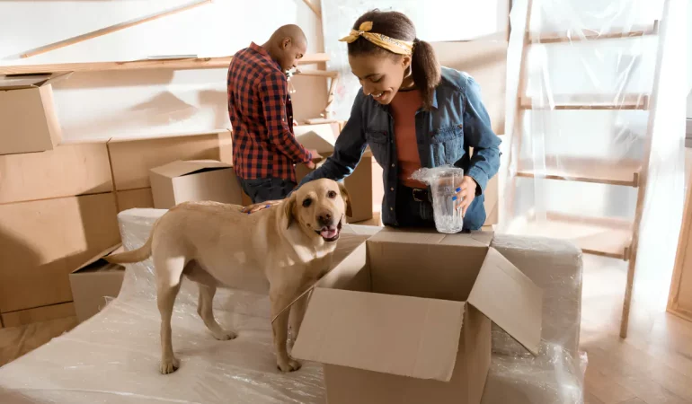 uma família fazendo mudança de casa com seu cachorro.