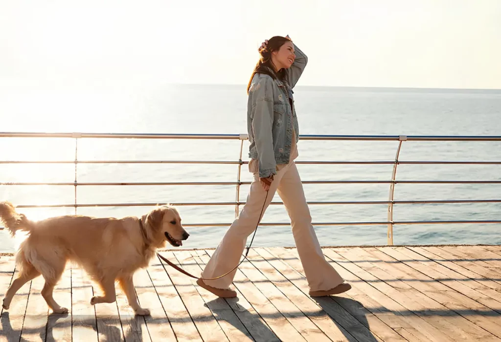 uma mulher fazendo passeios com seu cachorro.
