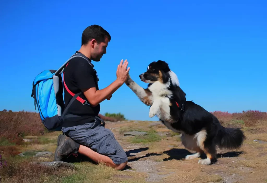 um cão com seu tutor sendo treinado