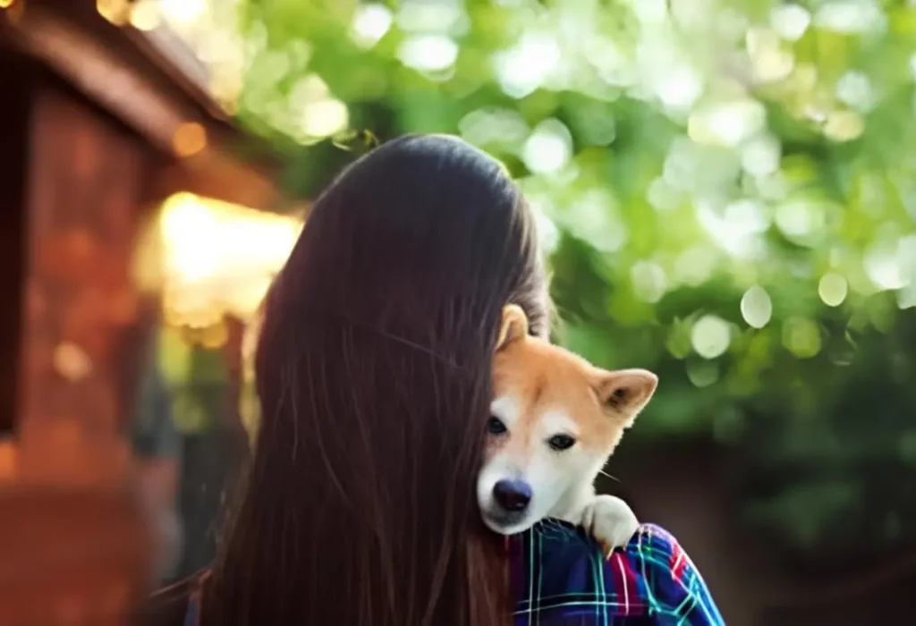 uma moça com seu cachorro em seu colo.