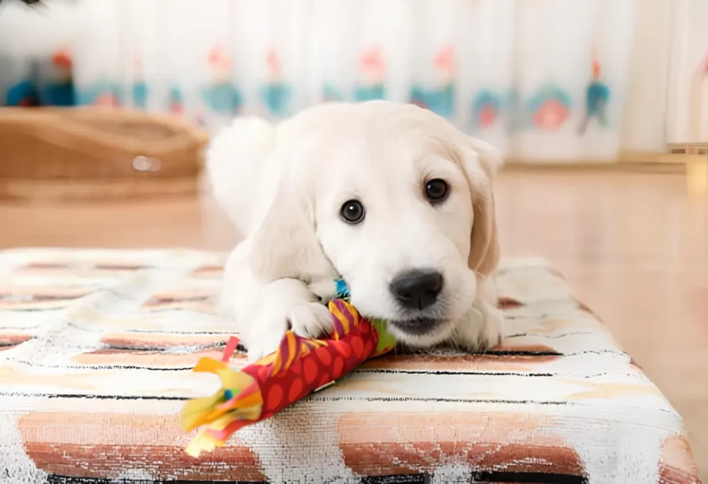 um cachorro com seu brinquedo.