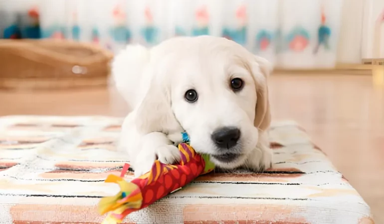 um cachorro com possessão dos seus brinquedos.