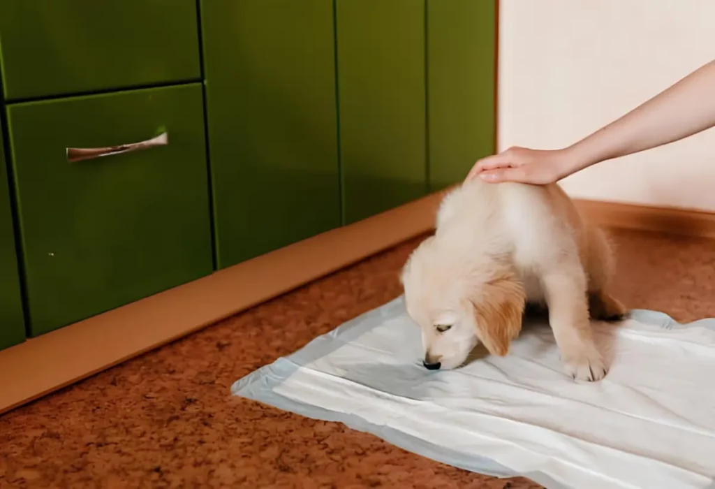 Um cachorro filhote fez xixi no lugar errado.