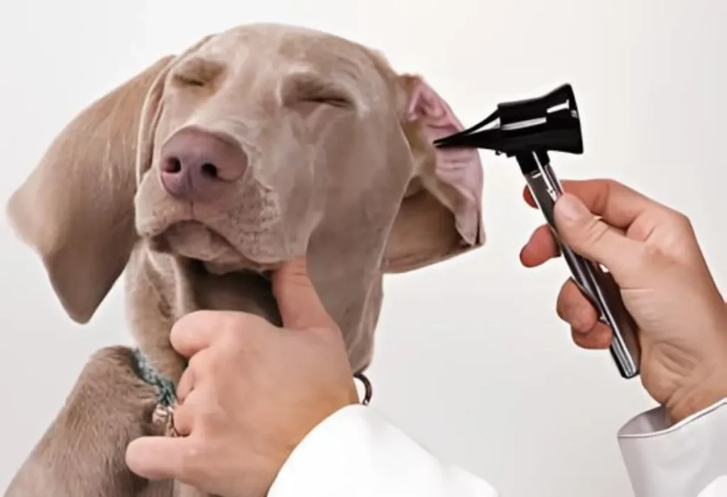 um cachorro no veterinário tratando da surdez.