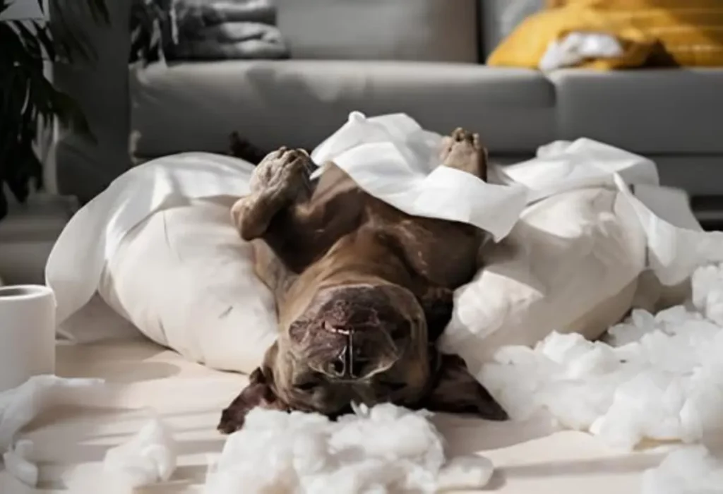 um cachorro deitado ao chão de barriga pra cima.