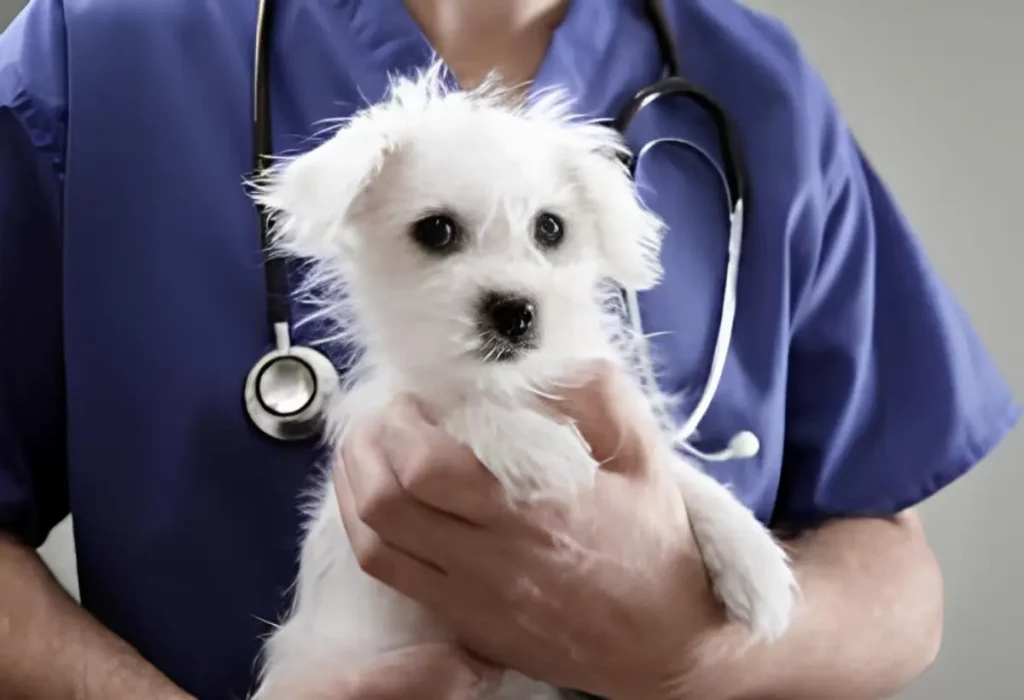 um filhote de cachorro em um veterinário.